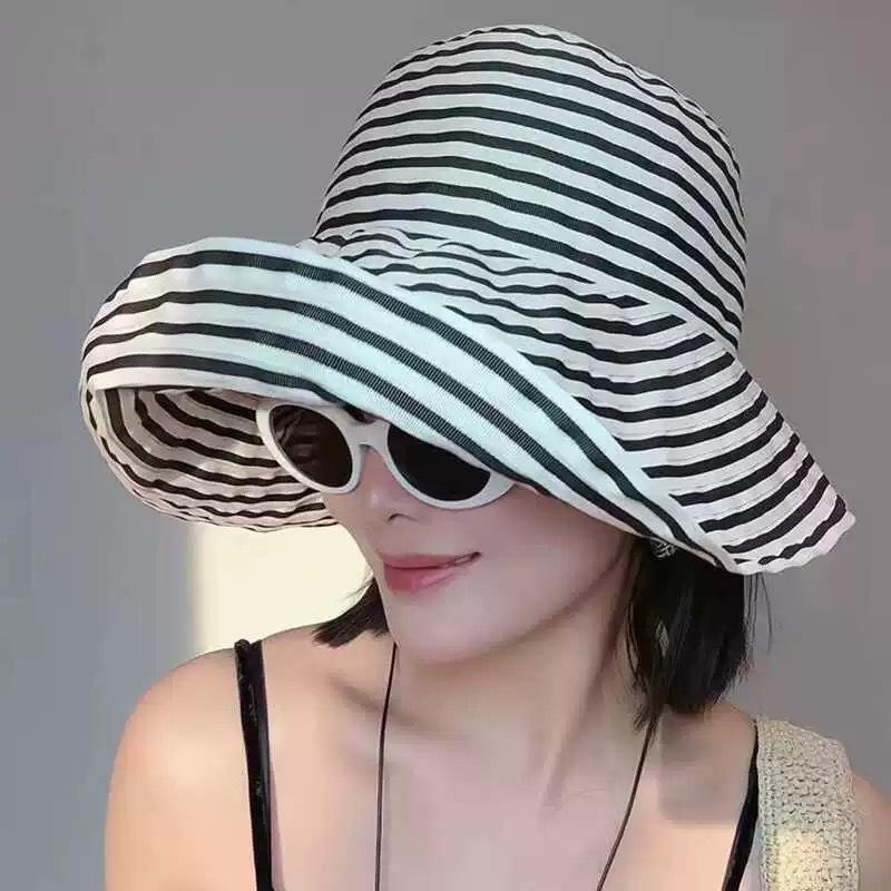 Color Blocking Striped Large Brim Sun Hat Summer Vacation Women Girls Outdoor Beach Bucket Hats Leisure Vacation Style Sun Hat