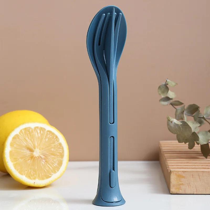 3 in 1 Tragbares Besteckset Reise Wiederverwendbares Besteckset Japanischer Stil Weizenstroh Messer Gabel Löffel Geschirr Küchengeschirr