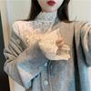 Women's Autumn/Winter Flare Sleeve Lace Shirt with Embroidered Mesh and Semi-High Neck