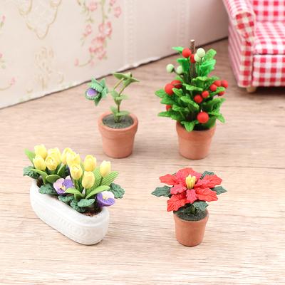 1:12 Casa de bonecas em miniatura vasos de plantas tulipa vaso de flores fruta da fortuna bonsai modelo jardim decoração para casa brinquedo casa de boneca acessórios