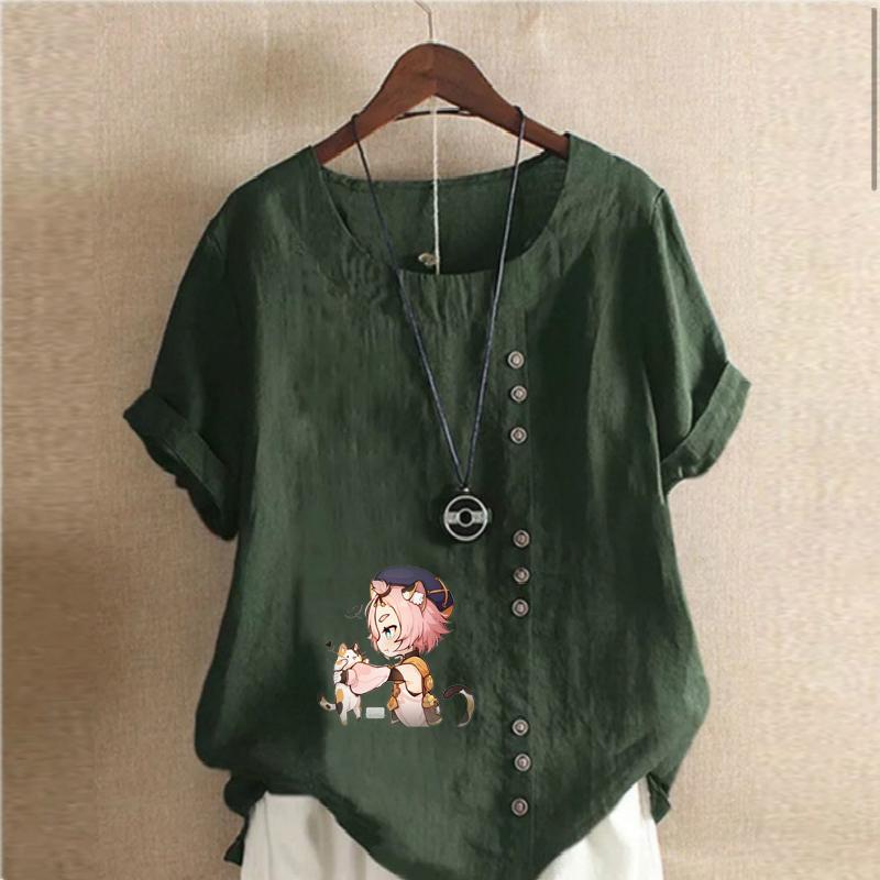 Women's Fashion Round Neck Short Sleeve T-shirt Casual Cotton Linen Graphic Shirt Leisure Loose Two Cute Little Cats Prined Summer Blouse Tops