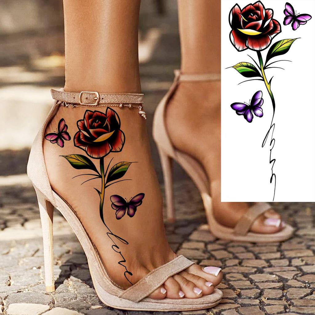 1 Sheet Colorful 3D Rose Flower Butterfly Temporary Tattoos For Women Adults Hand Foot, Waterproof Realistic Fake Tattoo Sticker