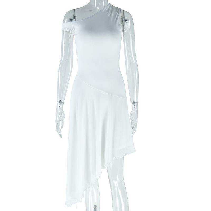 Spring and Autumn European and American Women's Fashion Solid Color Dress with Slanted Collar, One Shoulder Exposed, Sleeveless, Irregular Skirt