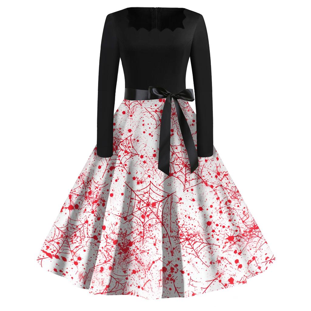 Women's Casual Vintage Halloween Print Square Neck Long Sleeve Dress Retro Fit Flared Skirt Midi Length with Waist Tie Belt