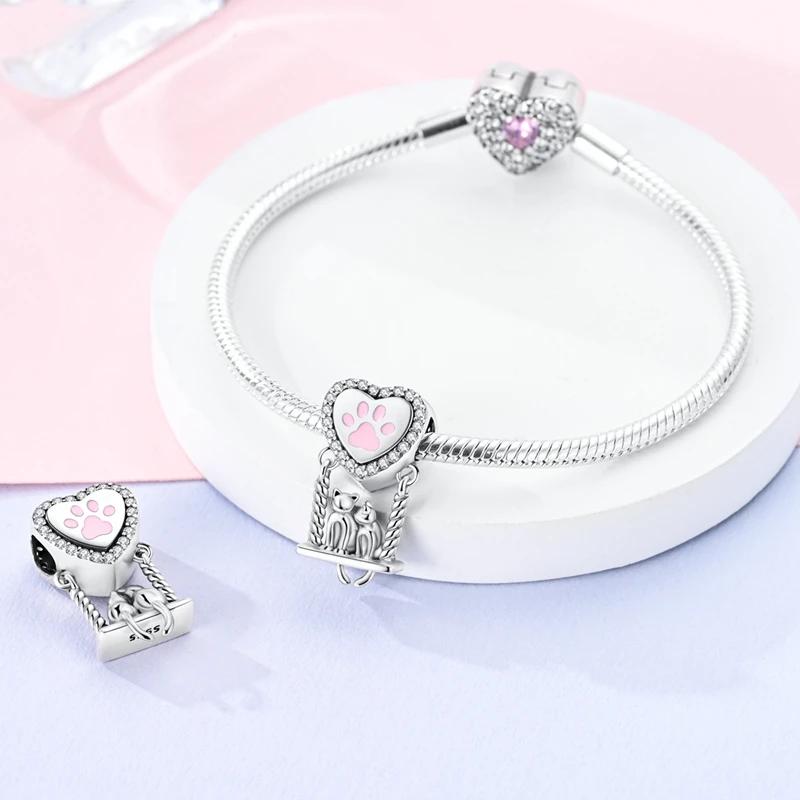Charms Platacute Cat Swing Heart-Shaped Beads Fit Originalbracelets Charms For Women Jewelry Diy Making Gifts