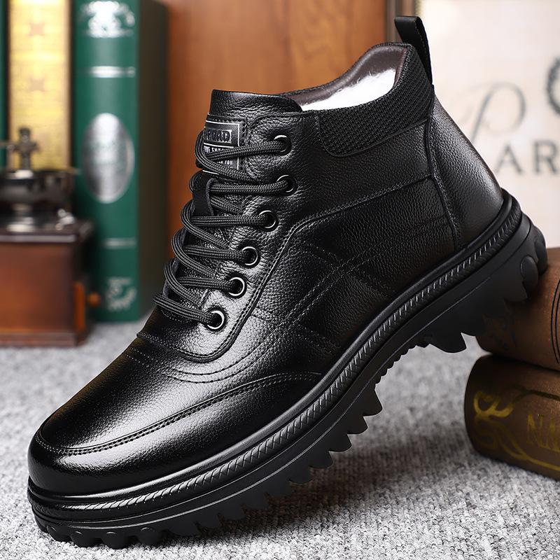 New Designer Wool Business Casual Shoes Men Winter Keep Warm Cow Leather Boots Male Anti-slip Lanyard Platform Ankle Boots Man