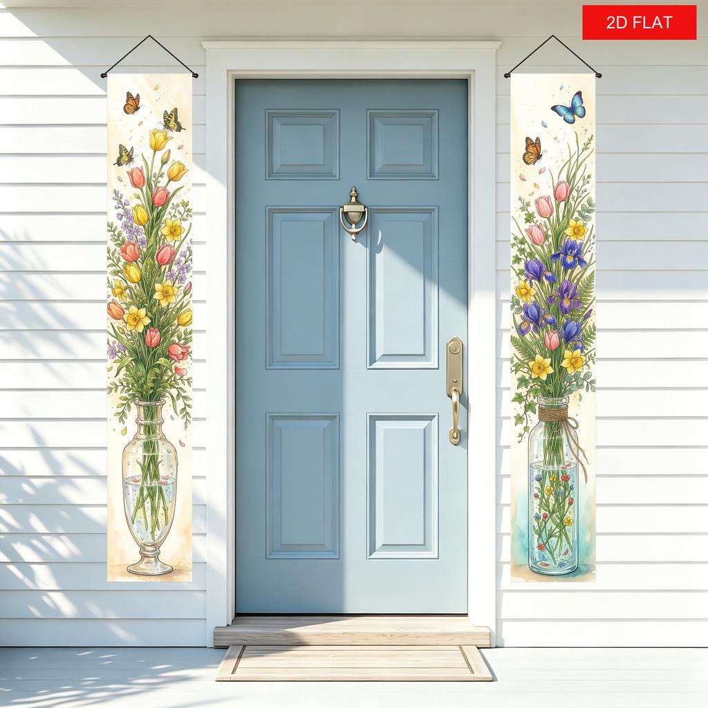2D Flat, 2D Flat, 2D Flat Banner, 2pcs Spring Tulip Narcissus Doorway Hanging Flags, Butterflies Flying Transparent Vase Watercolor Flowers Front Door