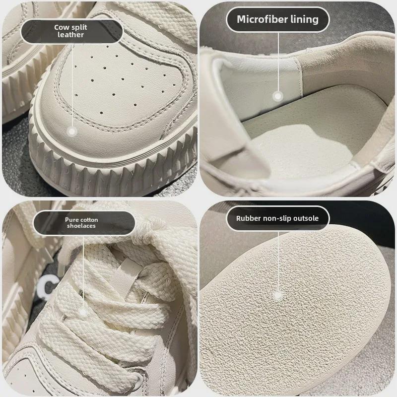Women's 2023 Spring Genuine Leather Thick-Soled White Height-Boost Biscuit Sneakers