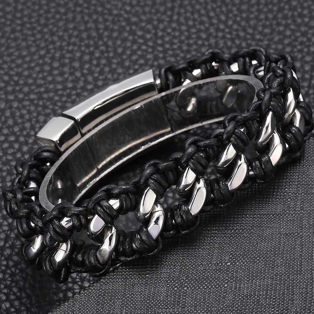 Herren 22MM Poliertes Edelstahl Kubanische Kette Armband für Herren Geflochtenes Leder Wickelarmband Armband Männliches Schmuckaccessoire