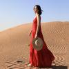 Women's V-Neck Red Dress for Travel and Vacation: Beach, Desert, and Grassland Style (F2105)