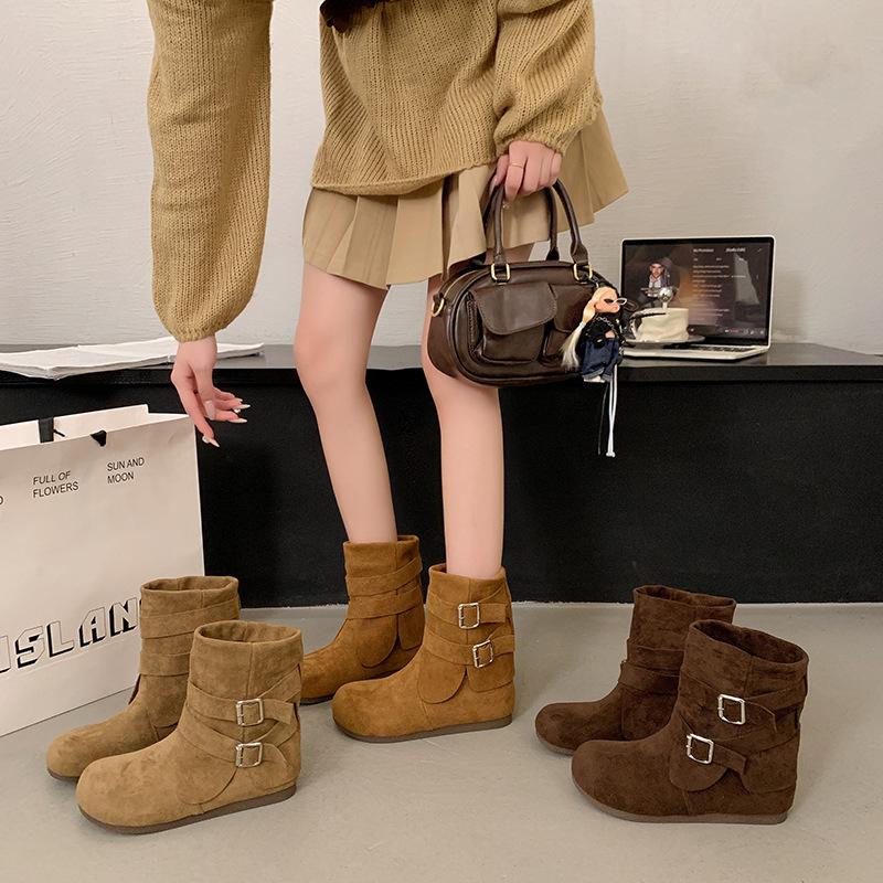 Retro inner heightening short boots women's 2025 autumn and winter new round head soft sole Birkenstock boots short western cowboy boots