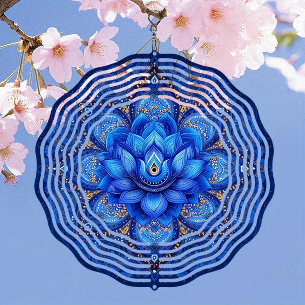 Metal Windmill Garden Decor Blue Lotus Mandala Hanging Wind Spinner Outdoor Yard Balcony Decoration No Electricity Needed Easy Install