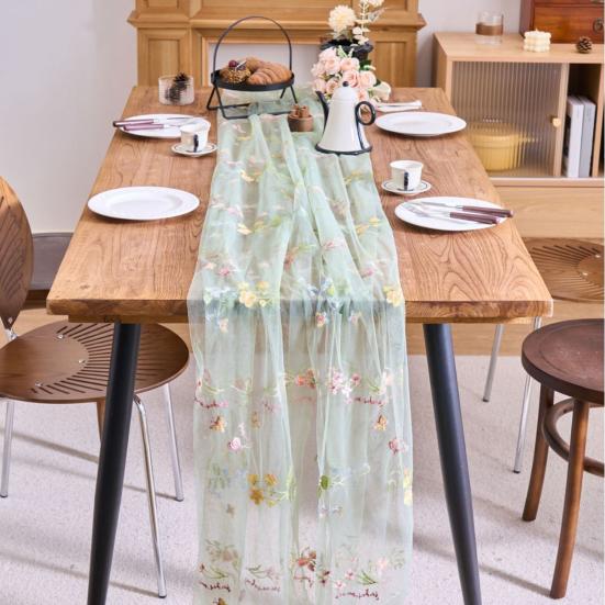 Bestickter Blumiger Tischläufer Transparenter Tüll Tischläufer Schmetterlingsblumen Tischläufer für Esstisch Hochzeit Babyparty Frühlingsfest