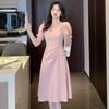 New Elegant Pleated Mid Length Dress Square Neckline with Puff Sleeves A Line Dress Waist Cinching Flowing Casual Dress Suitable for Workplace Office