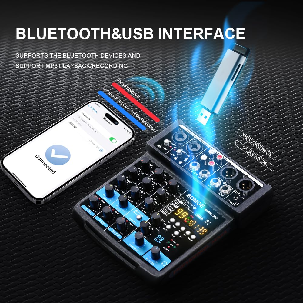 DJ Audio Sound Mixer with Stereo 48V 16 DSP Echo for Live Church and Music Production BOMGE-04F 4-Channel MP3, USB, Bluetooth, Record, Power, Effects,