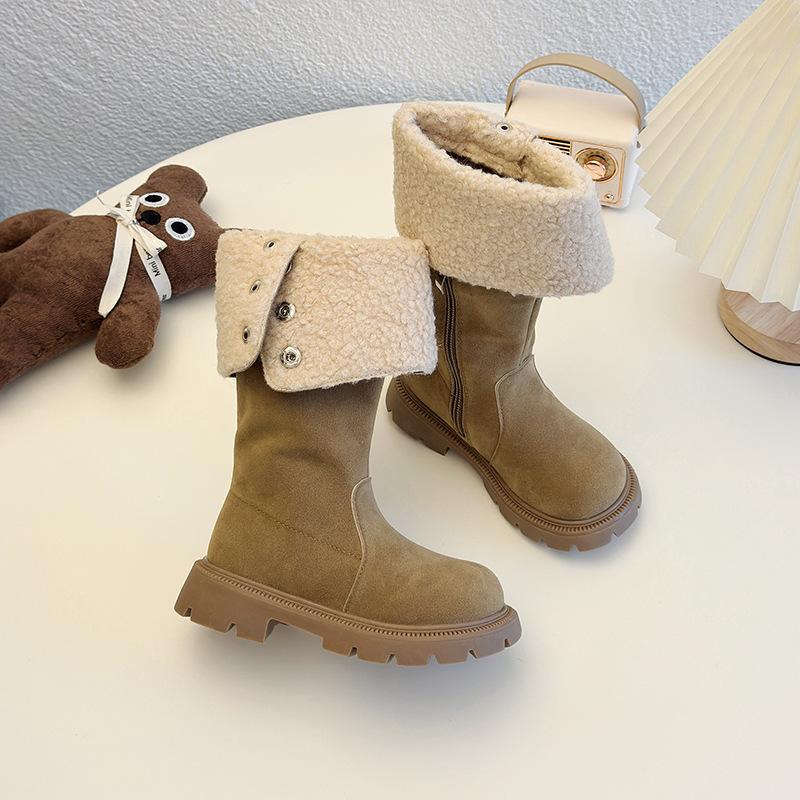 

Children s fleece-lined long boots2026New Winter Girls Maillard Cuffed Fleece-Lined High Boots Warm Cotton Boots 26Inner Length15.5cm хаки