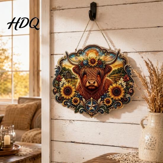 Fine Workmanship Pendant Highland Cow Diamond Art Hanging Ornament Sunflowers Decor Creative Living Room Decoration Aesthetic Decorative Ornament