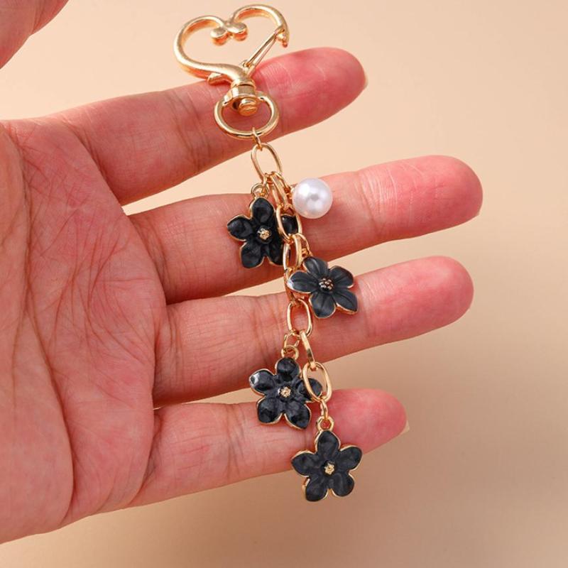 Cute Enamel Pearl Flower Keychain Plant Key Ring Pendant For Women Girls Handbag Decor Diy Handmade Jewelry Gifts