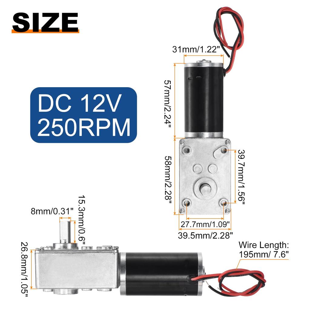 uxcell DC 12V 250RPM Worm Gear Motor 8mm D Shaft Reduction Electric Motor Redactor High Torque Low Speed Mini Turbine Worm Motor with Wire