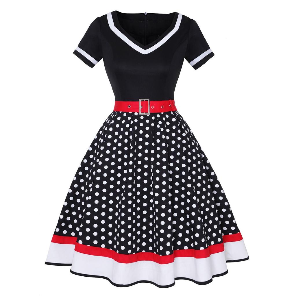 Women's Fashion Casual Vintage V Neck Short Sleeve Zpper Waist Print Dress