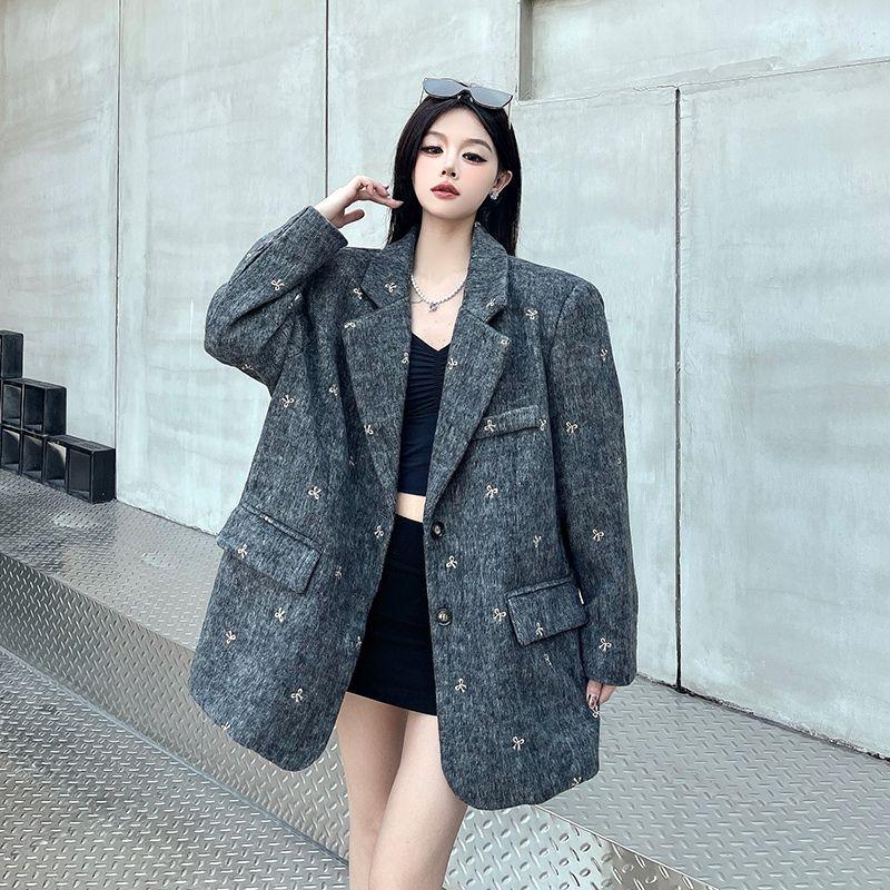 Women Bow Embroidery Tweed Suit Jacket Autumn Winter Thickened Shoulder Pad Wool Blazer Unique Design
