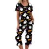 Women Halloween Printed Two Piece Set Short Sleeve Casual Top and Cropped Pants Comfortable Relaxed Fit Outfit