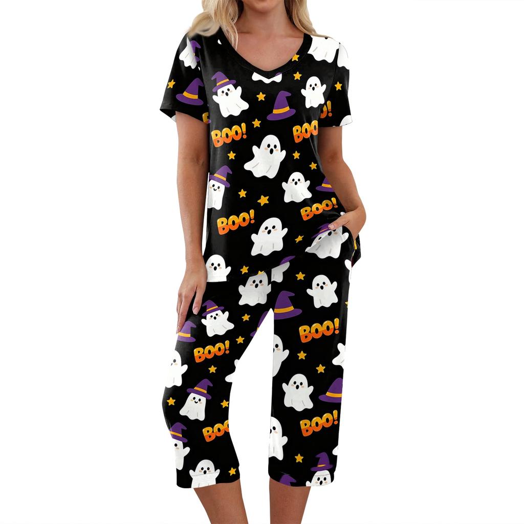 Women Halloween Printed Two Piece Set Short Sleeve Casual Top and Cropped Pants Comfortable Relaxed Fit Outfit