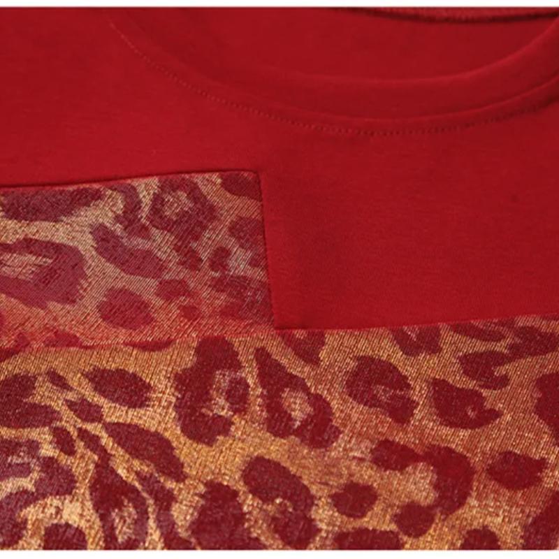 New Women Chic Leopard Print Patchwork Summer T-shirt Elegant O-neck Short Sleeve Irregular Tops Casual Ladies Slim Cotton Tees