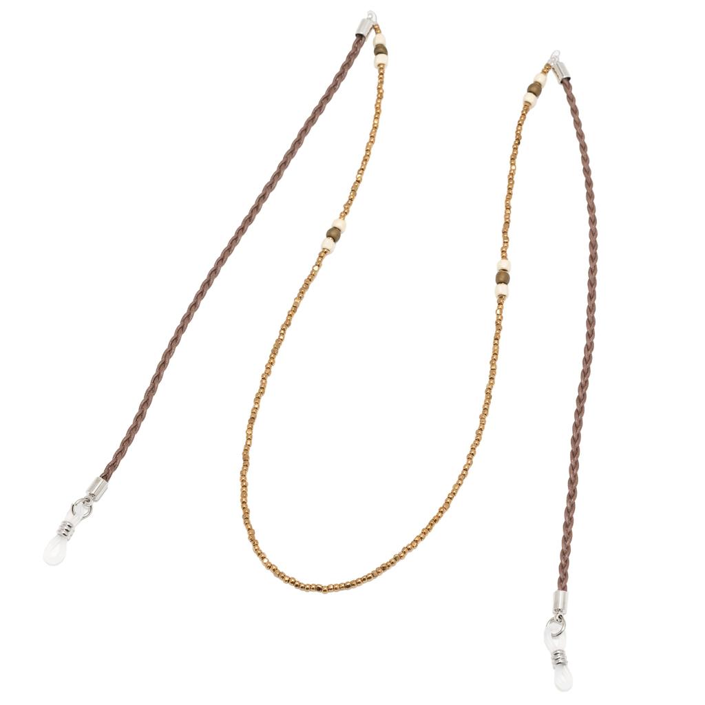 meigan Eyeglass Stylish Silver with Beads and Made in Chain, Women's Pearl-Like Tangle-Free Cord, Lightweight, Japan, Bronze, 9404-02