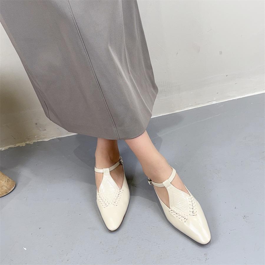 Johnature Genuine Leather Buckle Strap Women's Shoes French Style Versatile Temperament Pointed Flat Shoes