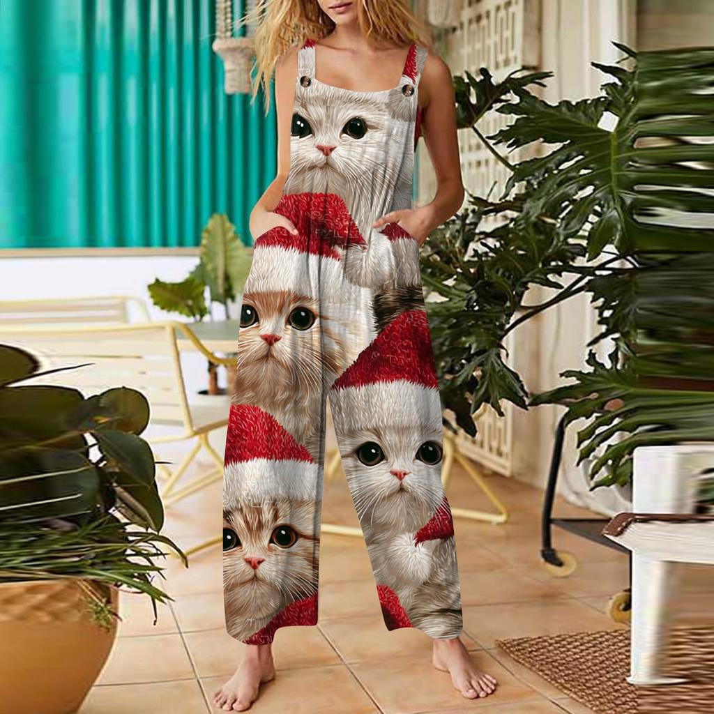 Women's Casual Jumpsuit Sleeveless Christmas Printed Cotton Jumpsuit