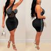 C6307 European & American Fashion Women's Solid Color Mesh Asymmetrical Neck Sleeveless Dress