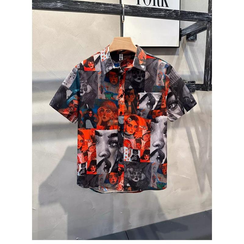 Men's Character Print Short Sleeve Shirt Street Hong Kong Style Loose Casual Shirt