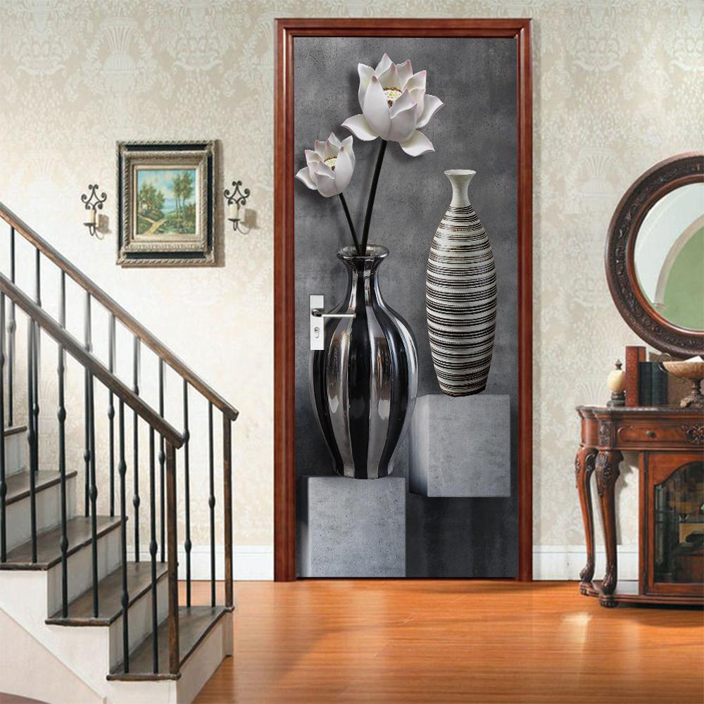 3D Door Mural Sticker Peel and Stick Door Wallpaper Golden Buddha Castle Moon Mermaid Flower Home Decor Removable