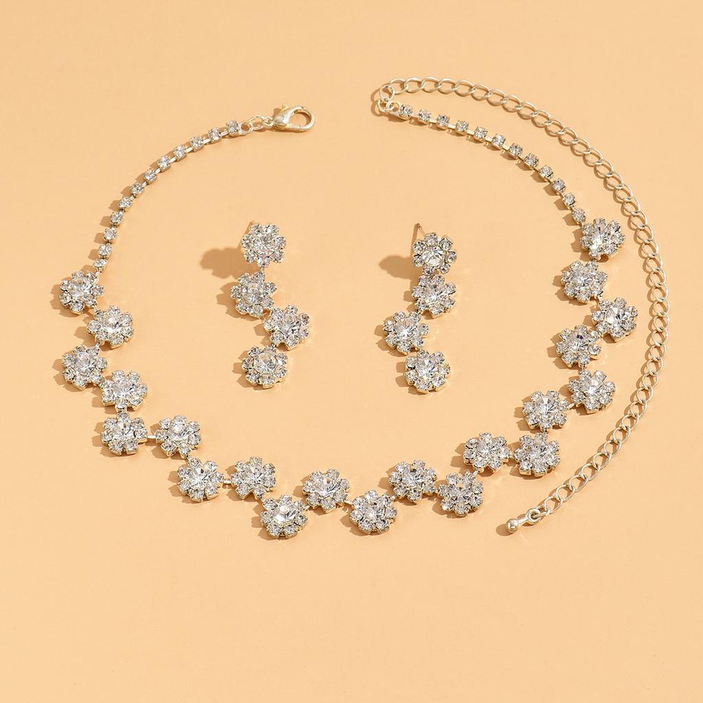 Wedding Bridal Party Ladies Flower Diamond Silver Necklace Earrings Bracelet