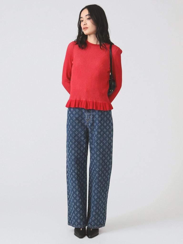 Ray Beams RIB Frill Hem Long Sleeve Knit Size Women's Sweater, Red/Free