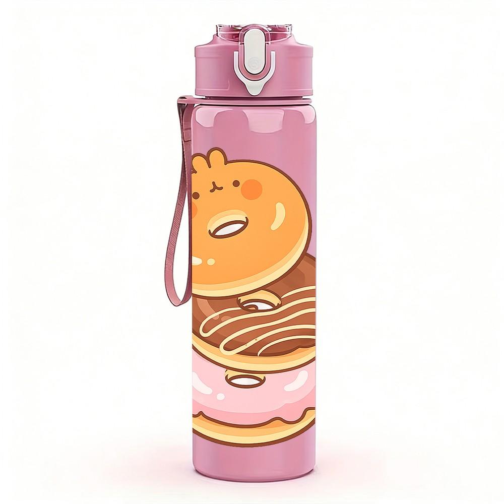 1PC Donut Cartoon Pattern 750ml Color Plastic Sports Water Bottle Leakproof Flip Straw Lid Suitable for Sports Office Home Use