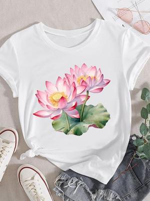 (Aziatische maat) Dames Bloem Mooi 90s Schattig Trend Korte Mouw Mode T-shirt Top Kleding Print Dame Casual T-shirt Vrouwelijke Grafische T-shirts