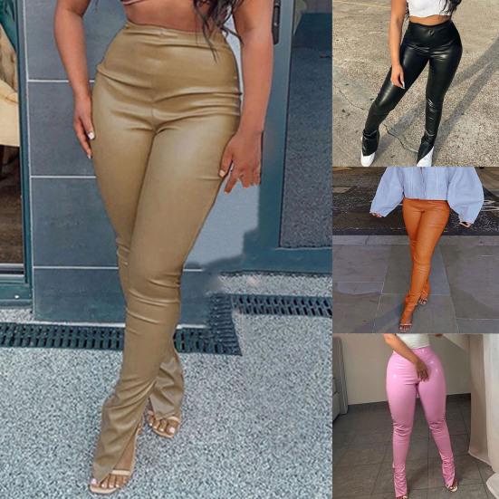 Straight Skinny Long High Waist Women Pants Split Hem Faux Leather Pants