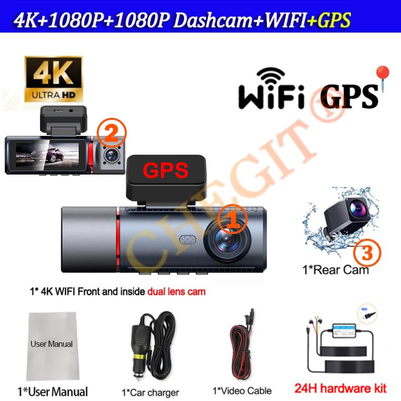 4K Car Dash Cam 3 Channels Video Recorder WIFI GPS Car DVR Parking Monitor Front With Rear View Night Vision Black Box for Car