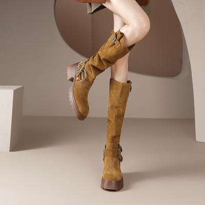 Nieuwe Dames Retro Suède Laarzen Bruine Gesp Hoge Laarzen Western Cowboy Laars Dames Laars Temperament Laarzen Botas Mujer