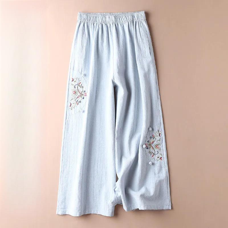 

Повседневные брюки из хлопка и льна для весны и лета, тонкий дизайн, ретро этнический стиль, вышитые брюки широкого кроя, универсальные укороченные брюки 4XL синий