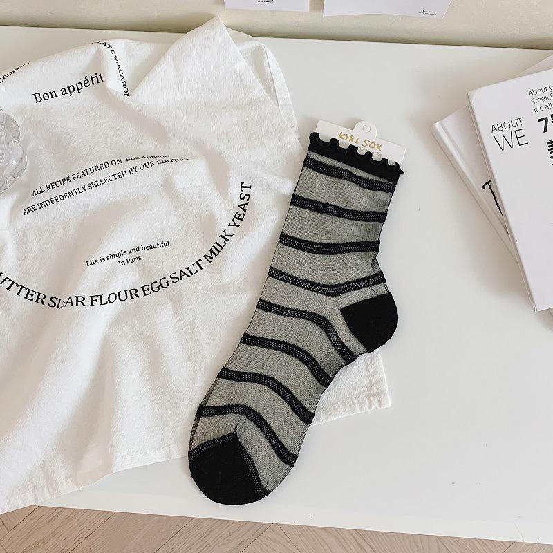 

JK Lace Women’s Black & White Heart Pattern Mid-Calf Silk Socks - Internet Celebrity Striped Design One Size