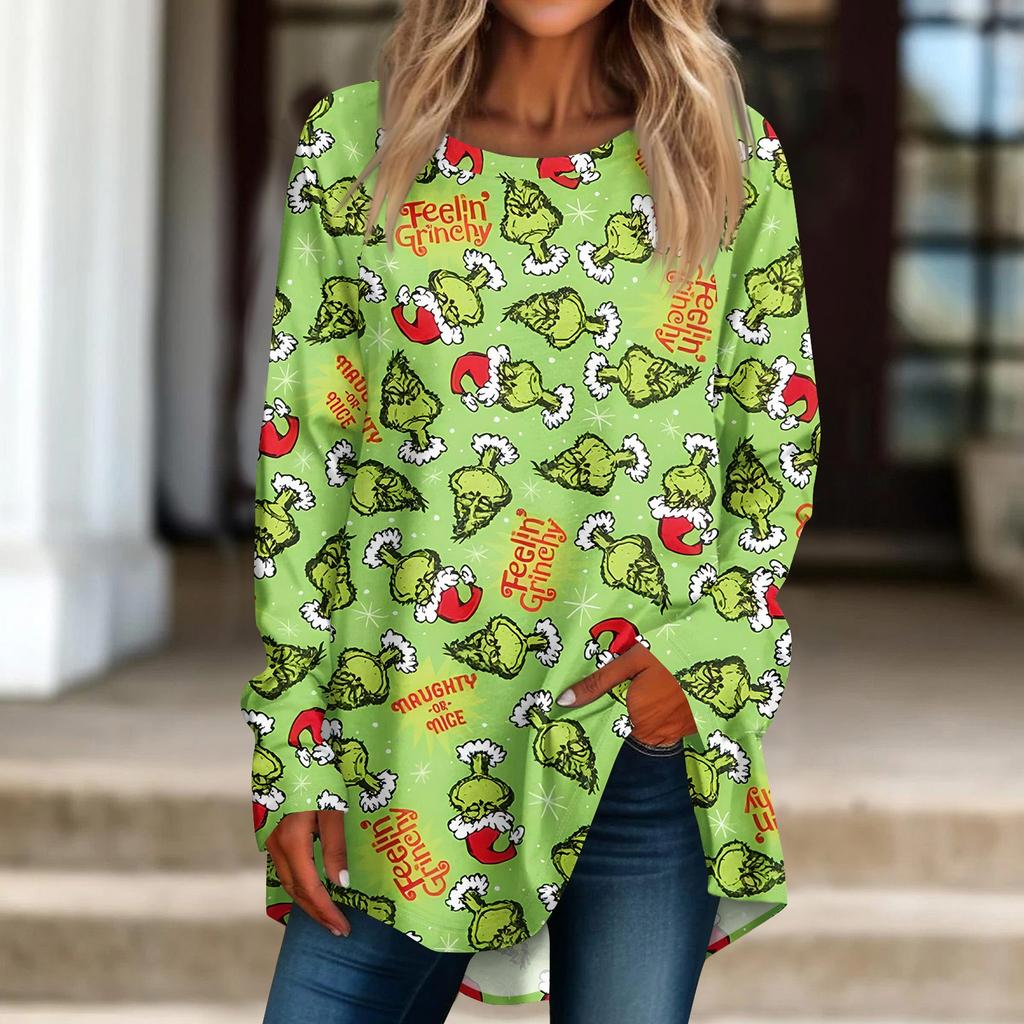 Damen Weihnachtsdruck Langarmshirt Rundhals Pullover T-Shirt Top Pullover