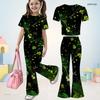 Girls Navy Blue Round Neck Short Sleeve Printed Top Flared Pants Two Piece Set