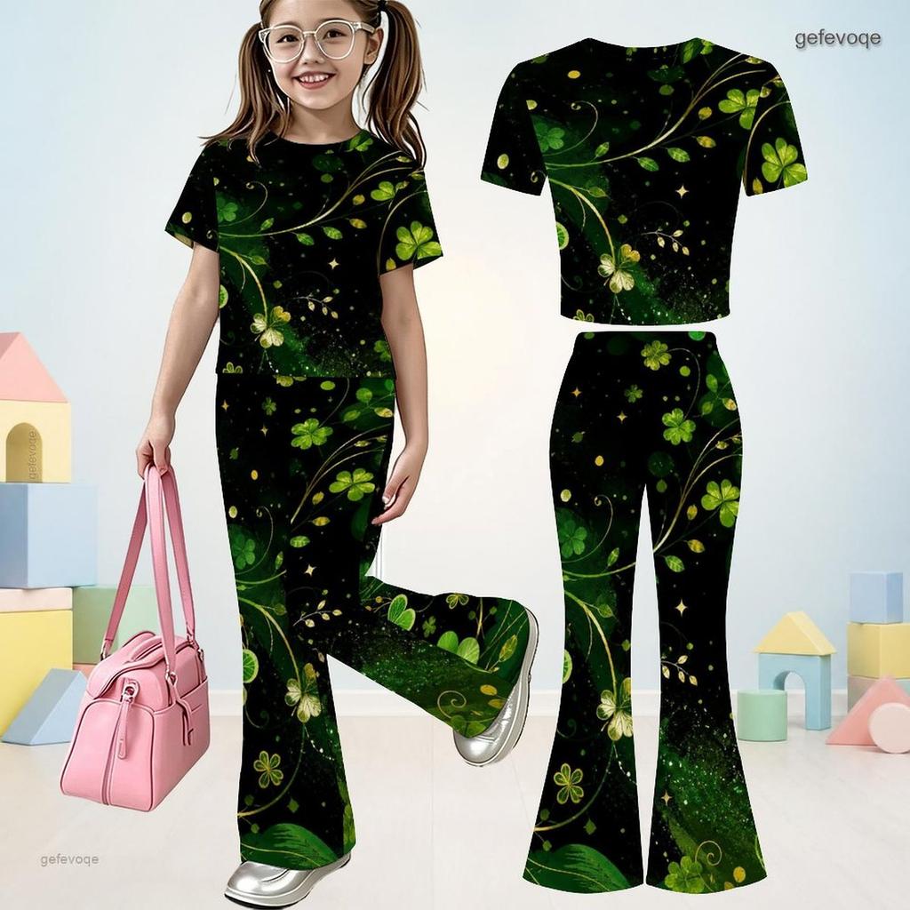 Girls Navy Blue Round Neck Short Sleeve Printed Top Flared Pants Two Piece Set