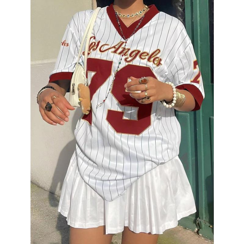 Women Los AngelesLetter Print V-Neck Short Sleeve T-Shirt Summer Graphic Tee Baseball Jerseys Oversized Sport T-Shirt