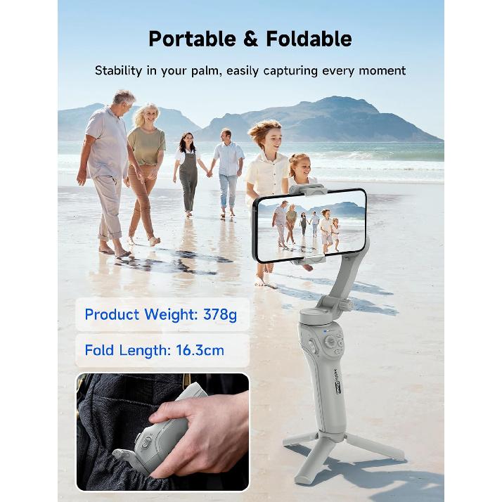 Gimbal Stabilizer for Smartphones, 3-Axis Phone Gimbal, Intelligent Gimbal with Face/Object Tracking, Portable and Foldable, Vlogging Stabilizer for