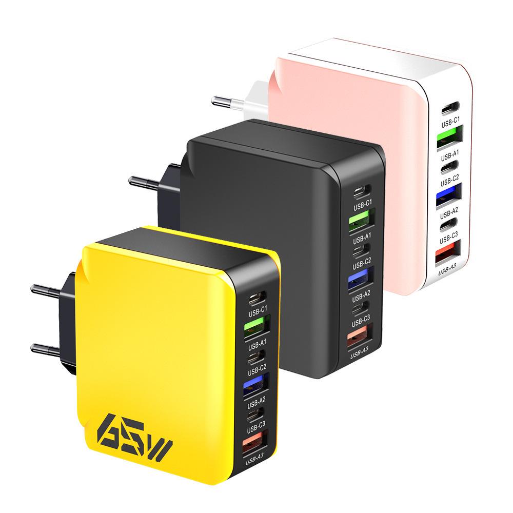 65W Multi-port Charger: 3 PD + 3 USB Ports, Compatible with US/EU/UK Standards, C Port Adapter