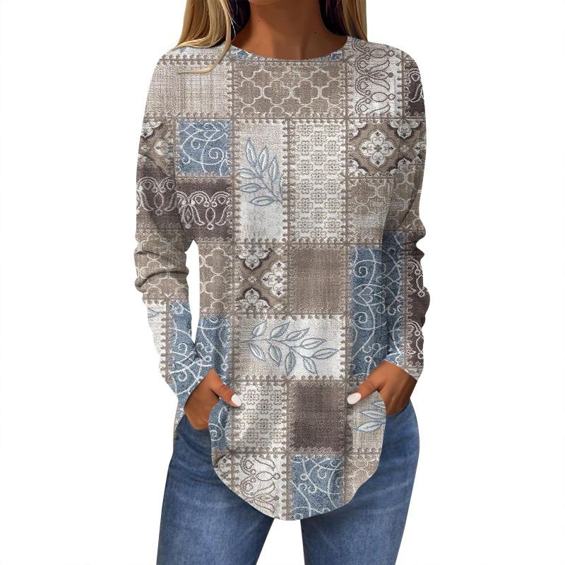 Damen T-Shirt mit 3D-Blattdruck, modisch, langärmlig, Rundhalsausschnitt, normale Oberteile, Feiertagswochenende, Frühling und Herbst